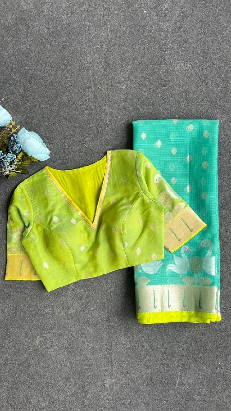 Sea green kota embroidery saree with parrot blouse Cotton Casual Blouse