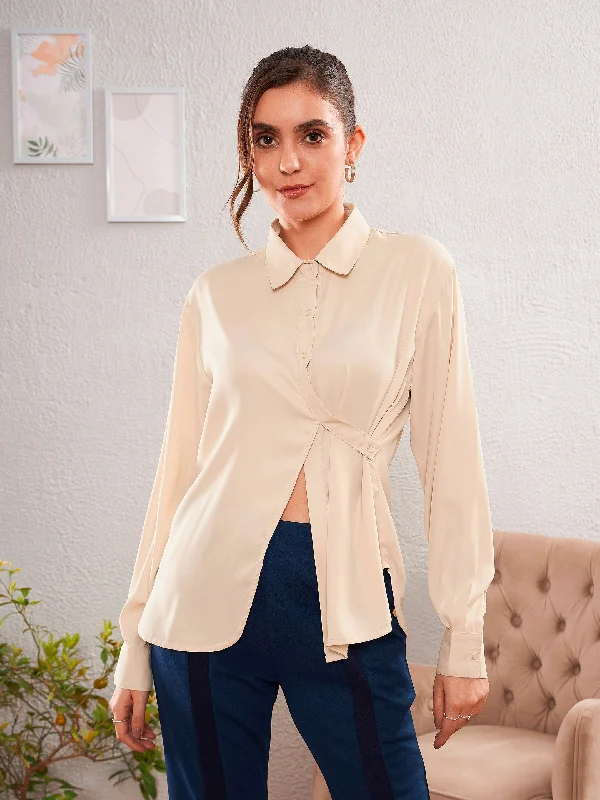 Women Beige Satin Satin Turn-Down Collar Blouse Silky Tunic Blouse