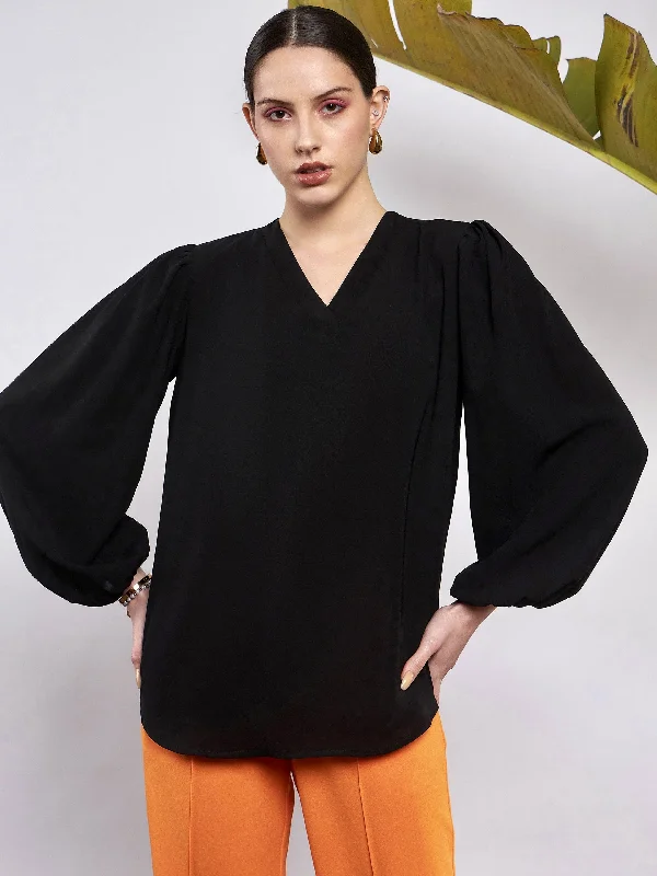 Women Black Puff Sleeves V-Neck Blouse Elegant Peplum Blouse