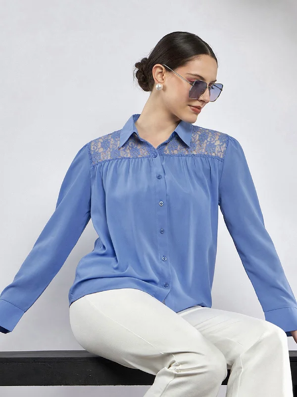 Women Dull Blue Lace Detail Blouse Embroidered Cotton Blouse