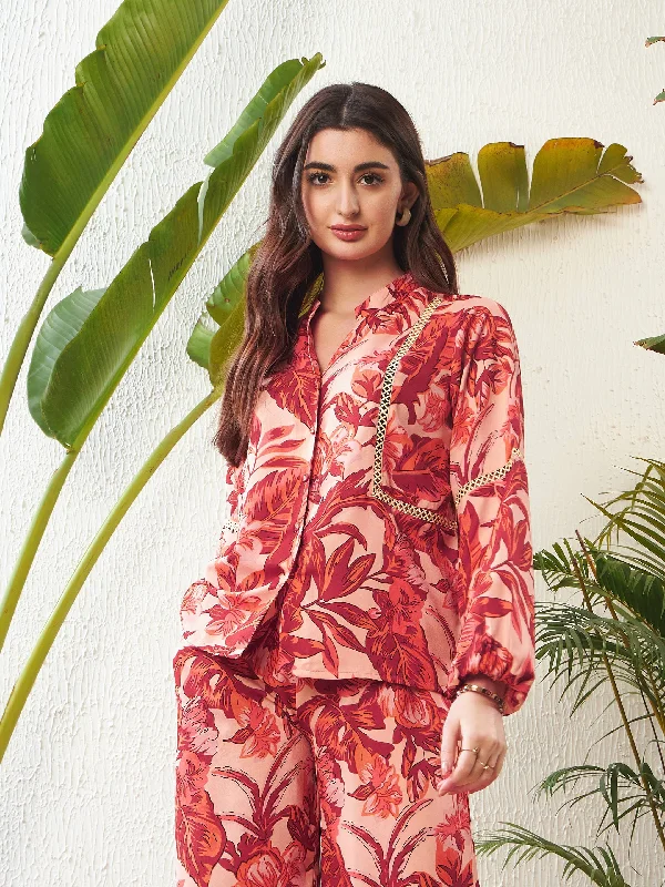 Women Rust Floral Lace Insert Blouse Polished Work Blouse