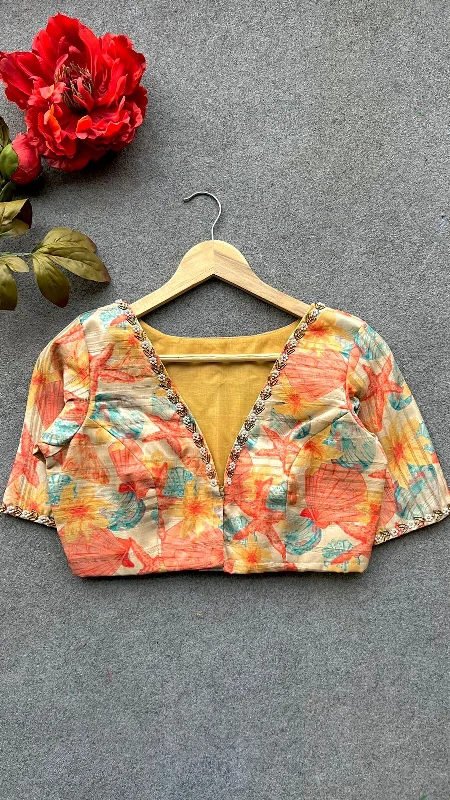 Silk orange floral hand work blouse Lightweight Tunic Blouse