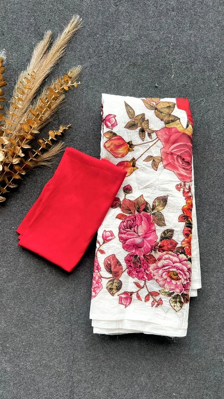 White chanderi floral saree with red blouse Smart Casual Blouse