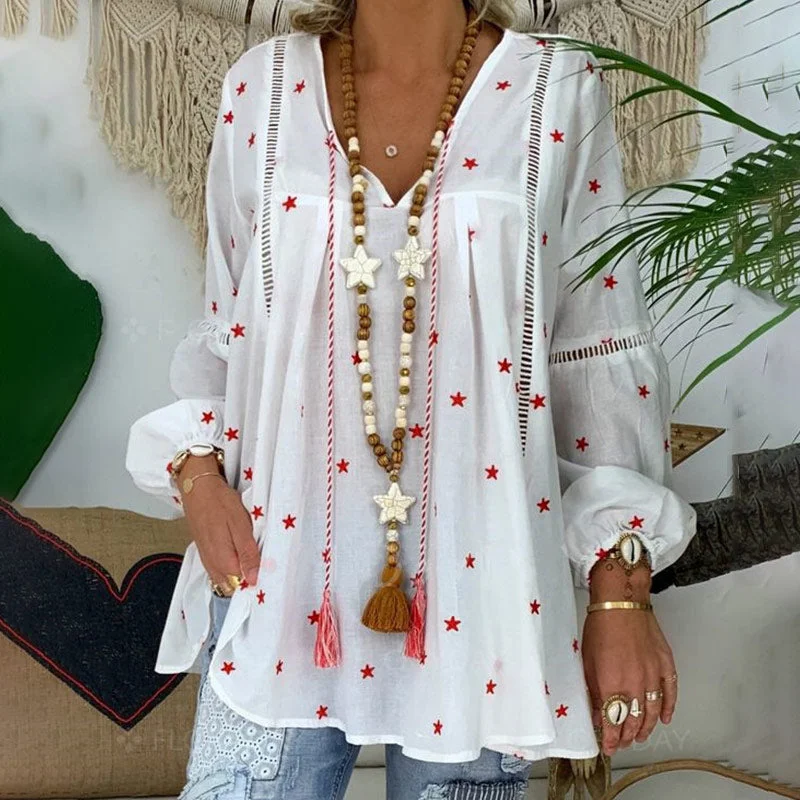 White Elegant Lantern Long Sleeve Womens Blouse Plus Size 4XL Boho Printed Clothes Casual Button Blouse