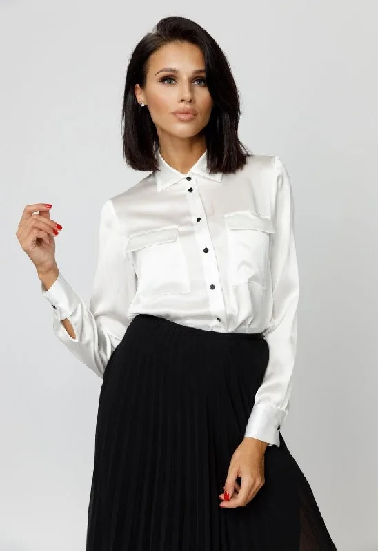 White Front-Pocket Silk Blouse Stretchy Fitted Blouse