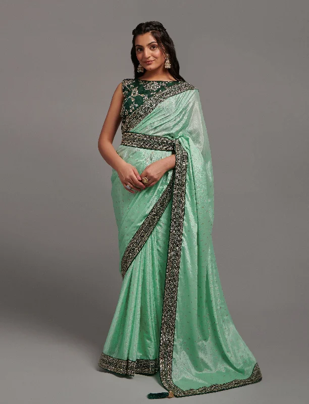Women Party Wear Premium Chinon Silk Saree With Un Stitched Blouse Pleated Collar Blouse
