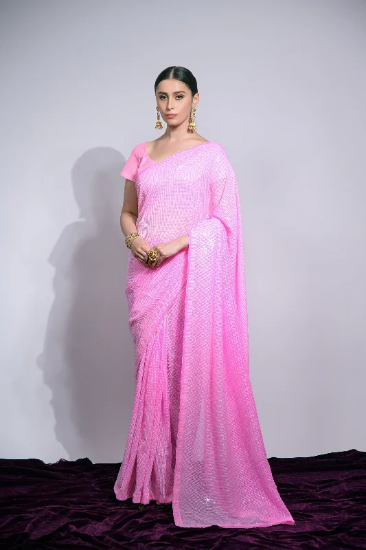 Women Party Wear Sequence Worked Saree With Un Stitched Blouse Floral Print Blouse