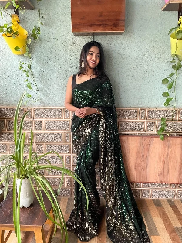 Women Party Wear Sequence Worked Saree With Un Stitched Blouse Elegant Embroidery Blouse