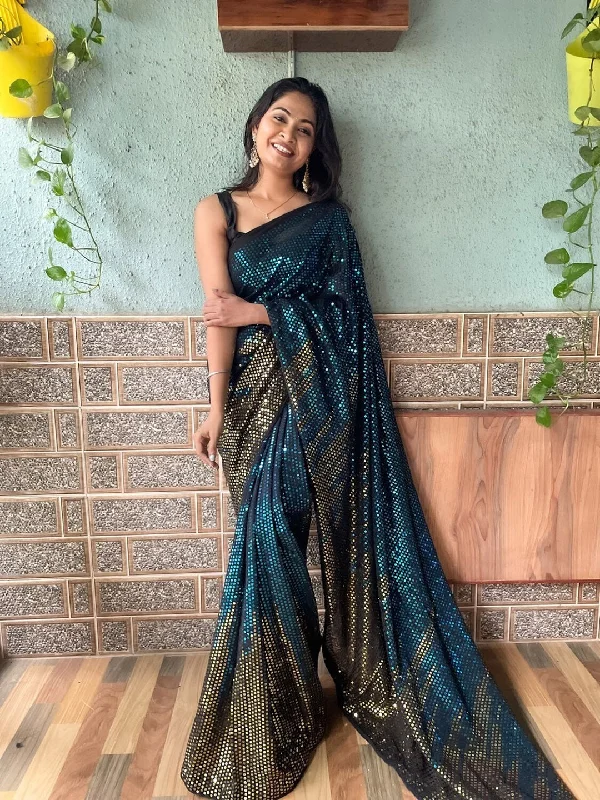 Women Party Wear Sequence Worked Saree With Un Stitched Blouse Floral Chiffon Blouse