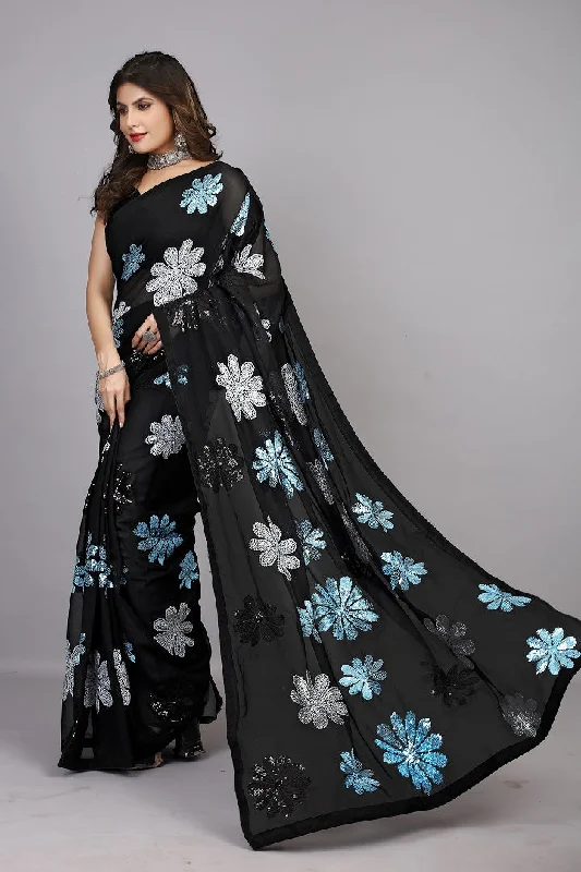 Women Party Wear Sequence Worked Georgette Saree with Un Stitched Blouse Modern Work Blouse