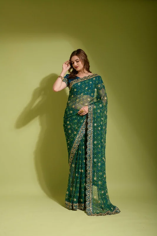 Women Party Wear Flower Foil Print Work Georgette Chiffon Saree with Un Stitched Blouse Satin Long Blouse