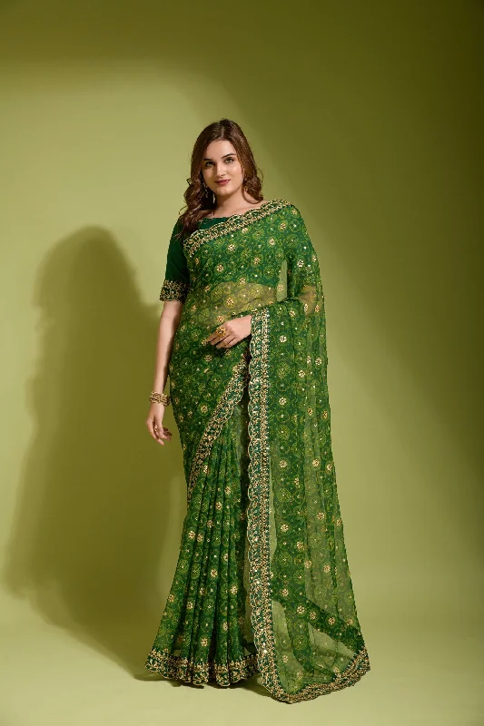 Women Party Wear Flower Foil Print Work Georgette Chiffon Saree with Un Stitched Blouse Boho Printed Blouse