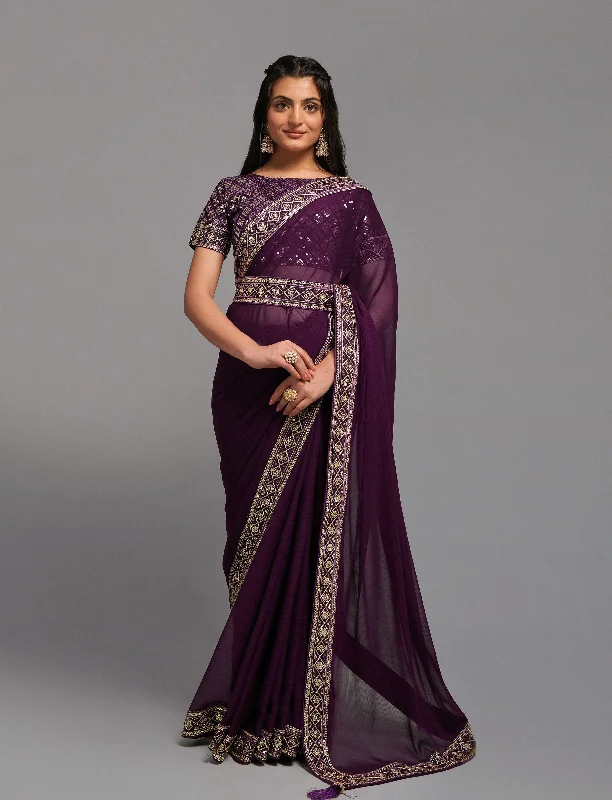 Women Party Wear Premium Chinon Silk Saree With Un Stitched Blouse Feminine Satin Blouse