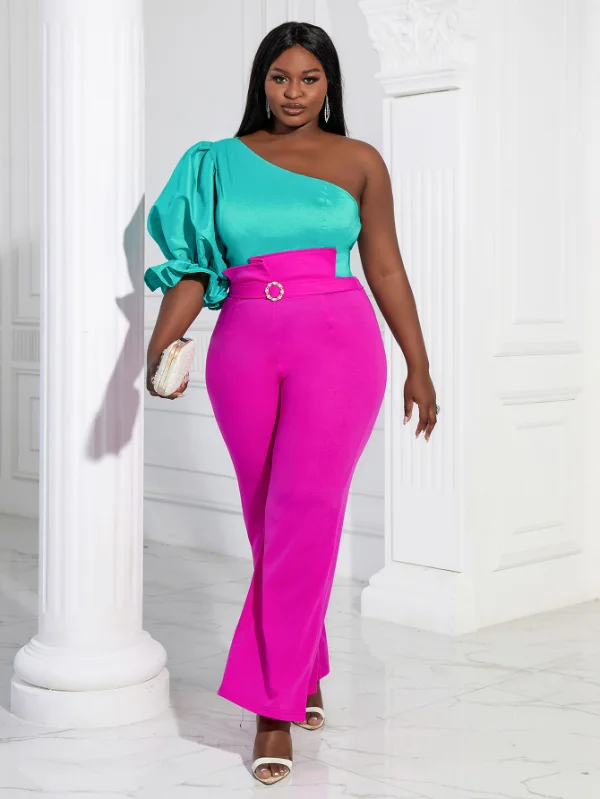 Women One Shoulder Puff Sleeves Blouse Frilled Cuff Blouse