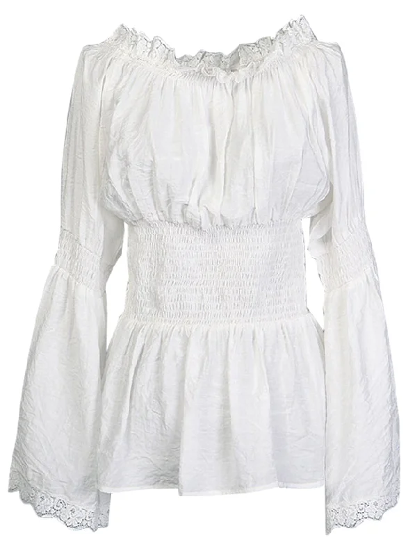 Victorian Gothic Long Sleeve Off Shoulder Lace Trim Breathable Thin Blouse Top Casual Relaxed Fit Blouse