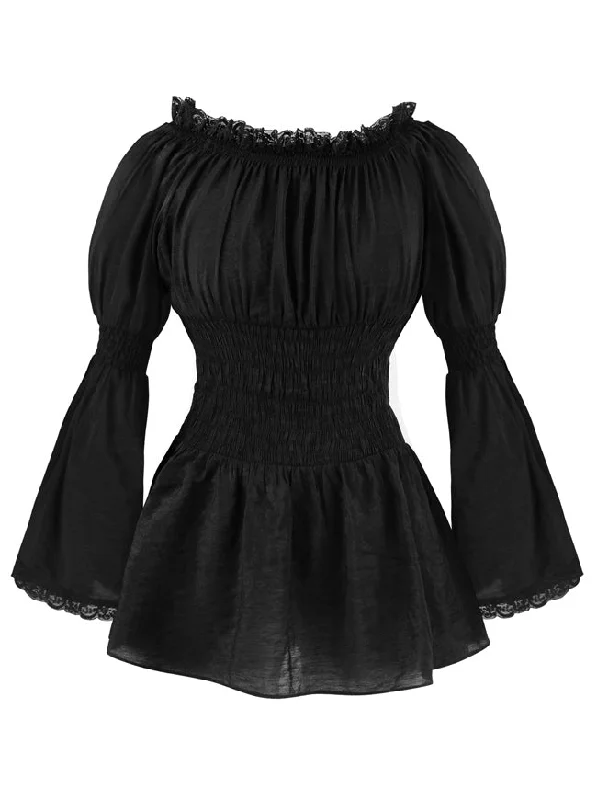 Victorian Gothic Off Shoulder Long Sleeve Lace Trim Breathable Thin Blouse Top Elegant Embroidery Blouse