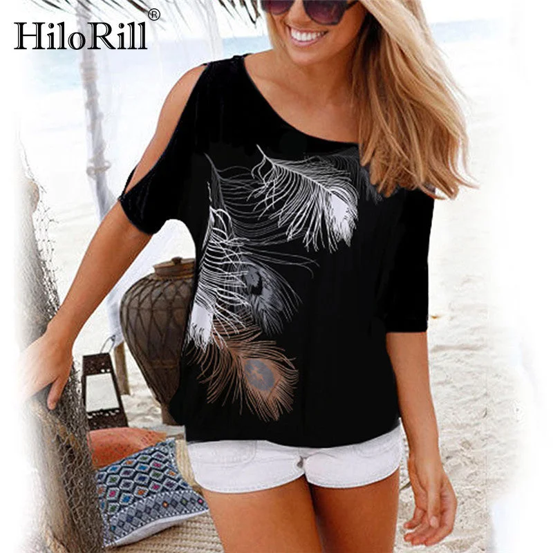 Women Short Sleeve Print Blouse Summer O-Neck Loose Sexy Off Shoulder Office Formal Blouse