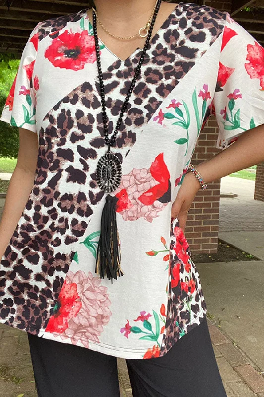 XCH12317 Floral & leopard printed short sleeve blouse Sleeveless Chiffon Blouse