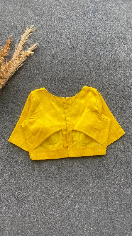 Yellow silk V neck patterned blouse Mandarin Collar Blouse