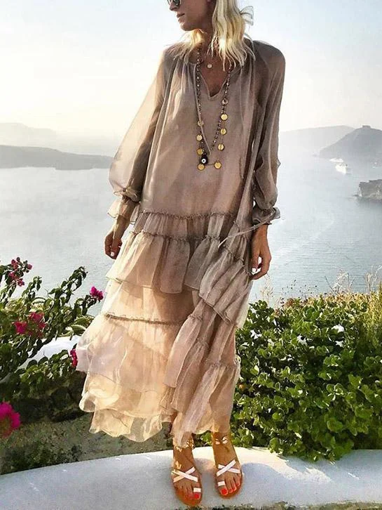 2018 New Long Sleeve Solid Color Splice Maxi Dress Trendy Floral Print Maxi Dress