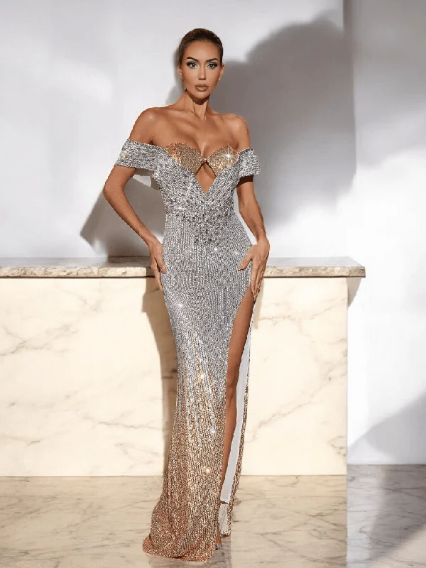 Amu Split Sequin Maxi Dress In Silver Cozy Ruffle Sleeve Maxi Dress