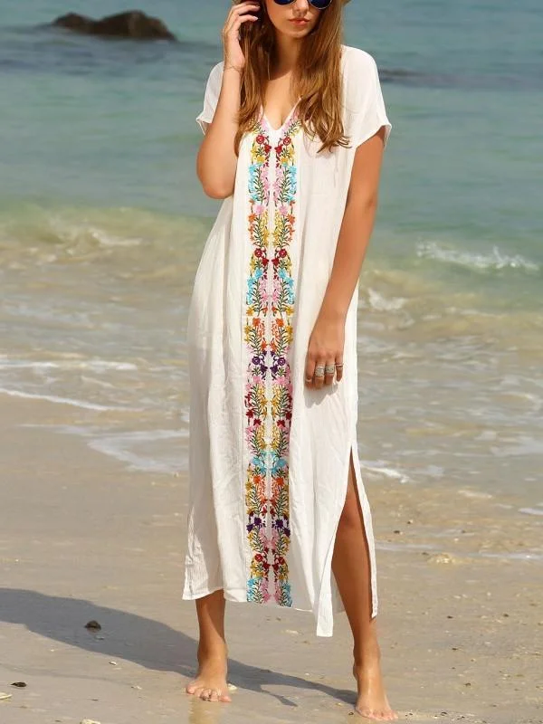 Beautiful White Bohemia Short Sleeve Deep V Neck Beach Maxi Dress Classic Solid Maxi Dress