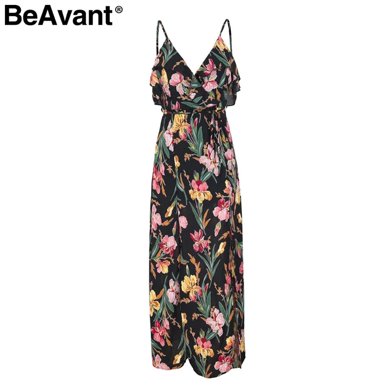 BeAvant Backless v neck ruffles sexy dress women High waist split long dress summer Beach maxi dress print dress vestidos Comfortable Flowy Maxi Dress