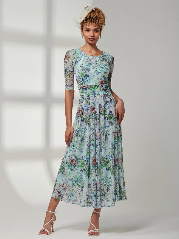 Bella Print 3/4 Sleeve Mesh Maxi Dress, Green Floral Elegant Tiered Maxi Dress