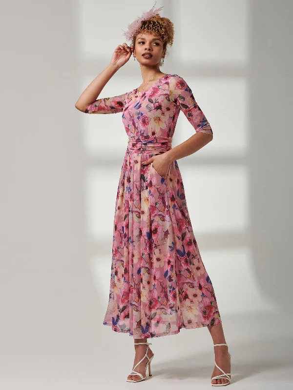 Bella Print 3/4 Sleeve Mesh Maxi Dress, Pink Floral Casual Maxi Dress with Pockets