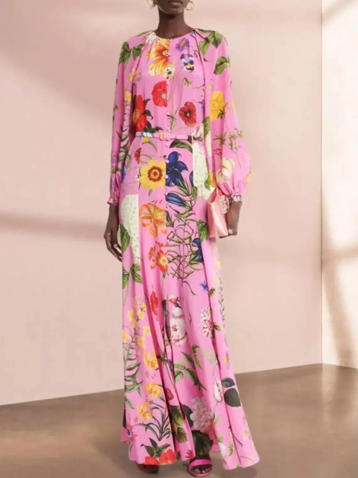 Belted Button-Front Floral-Print Pink Long-Sleeve Maxi Dress Fashionable Open-Back Maxi Dress