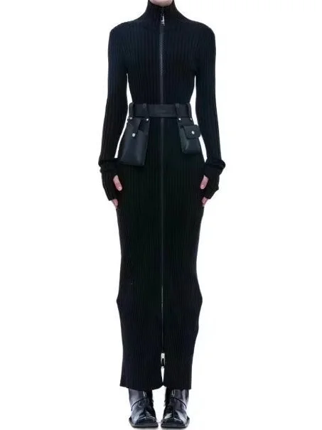 Belted Zip Knit High-Neck Maxi Dress Trendy A-Line Maxi Dress