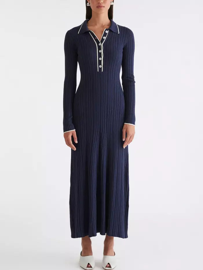 Bicolor Ribbed Knit Polo Maxi Dress Trendy Off-Shoulder Ruffle Maxi Dress