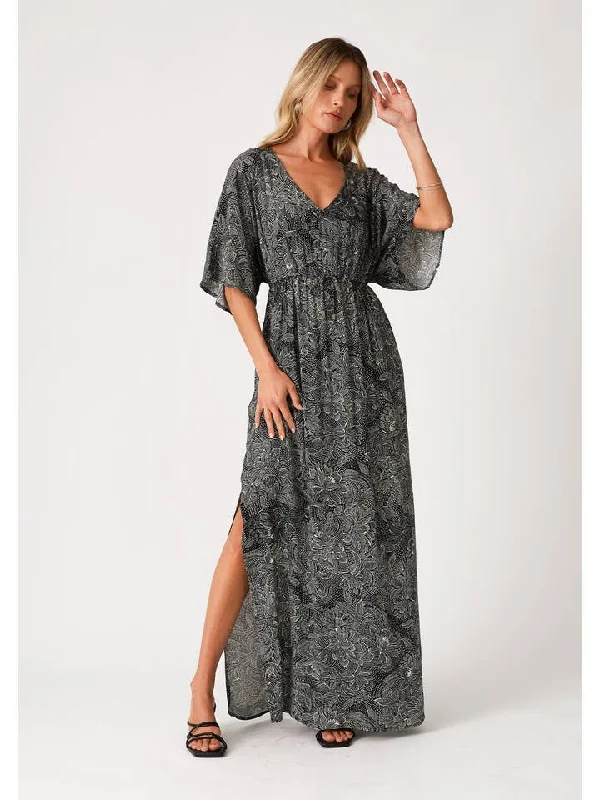 Black Floral Print Kimono Maxi Dress Fashionable Maxi Dress with Fringe