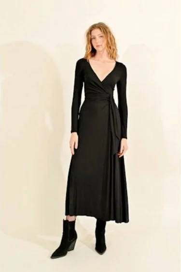 Black Long Sleeve Wrap Maxi Dress Trendy Printed Maxi Dress