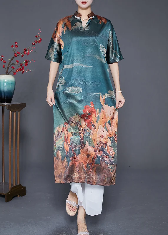 Blue Grey Print Silk Maxi Dress Nail Bead Summer Trendy Floral Print Maxi Dress