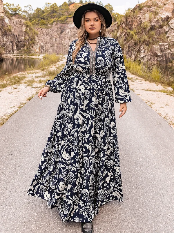 Blue Zone Planet |  Plus Size Long Sleeve Maxi Dress Stylish V-Neck Maxi Dress