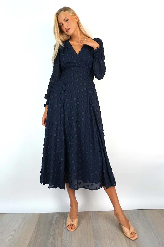 Brielle Sapphire Dots Navy Maxi Dress Fashionable Maxi Dress with Fringe