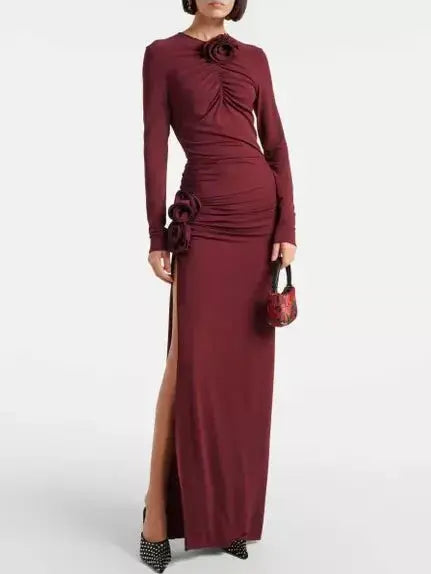 Burgundy Floral-Applique Ruched Jersey Maxi Dress Elegant Floral Maxi Dress