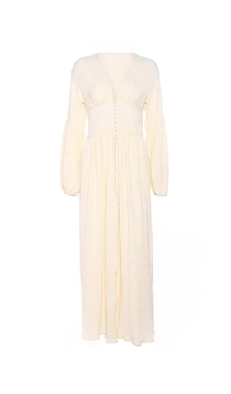 BUTTON-FRONT PUFFED SLEEVES MAXI DRESS IN BEIGE Fashionable Maxi Dress with Fringe
