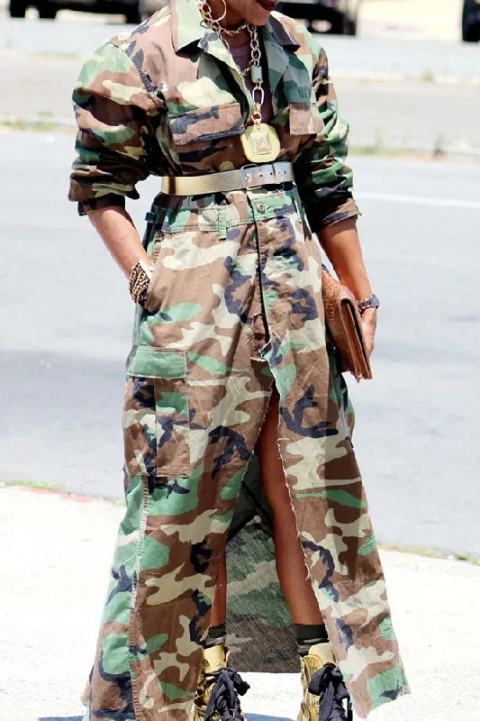 Camouflage Punk Pocket Design Maxi Dress Elegant Silk Maxi Dress