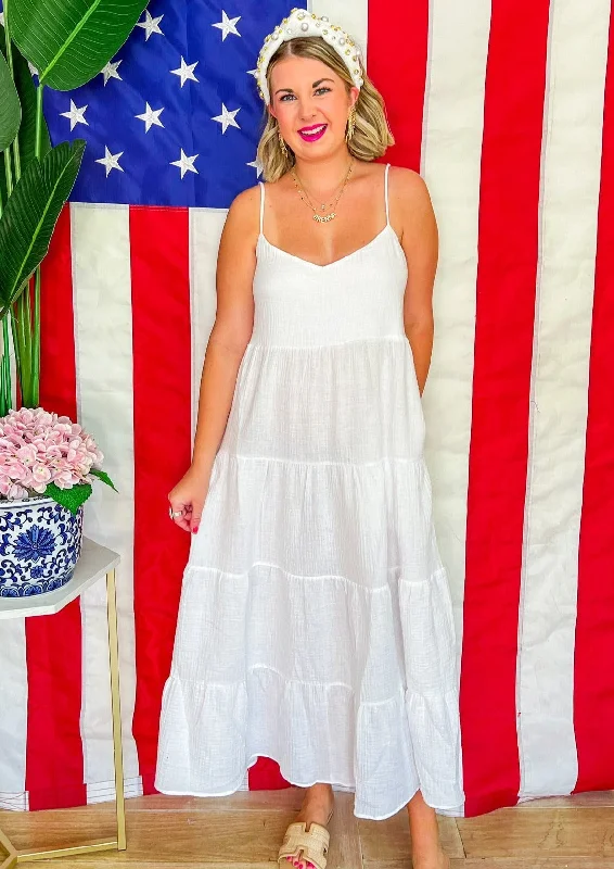 Caroline Maxi Dress - White Gauze Stylish Button-Up Maxi Dress