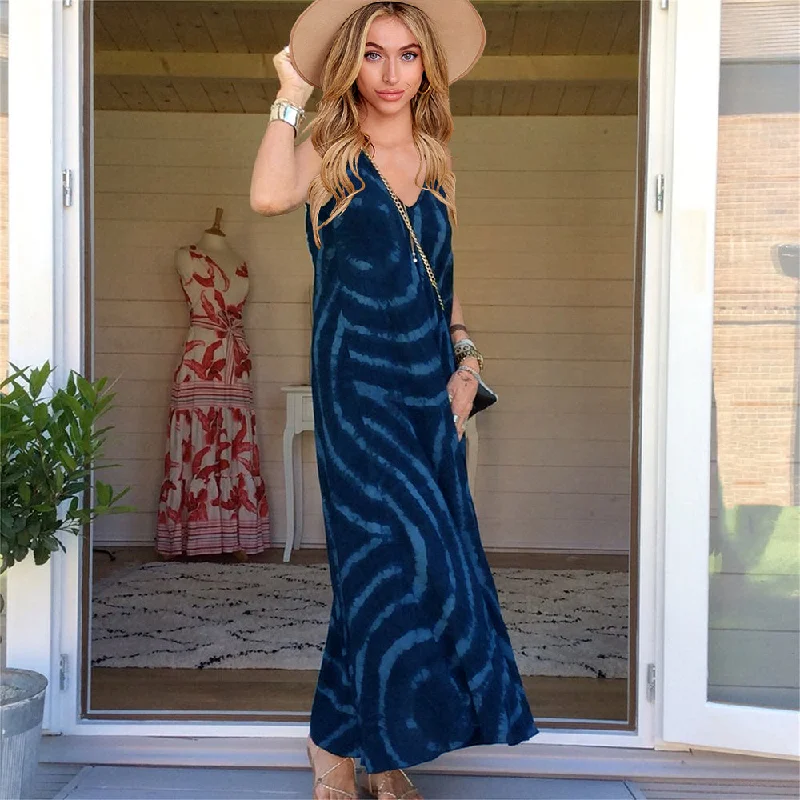 Casual Spaghetti Strap Deep V Neck Summer Loose Maxi Dress Stylish Button-Up Maxi Dress