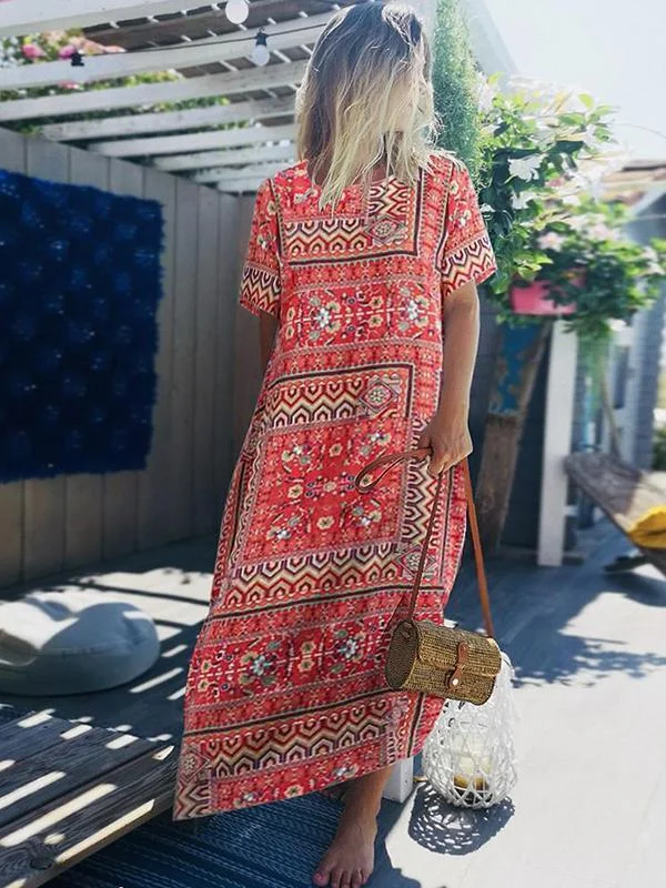 Casual Vintage Print Boho Summer Short Sleeve Plus Size Maxi Dress Classic Black Maxi Dress