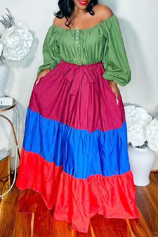 Color Block Casual Maxi Dress (With Belt) Trendy Short Sleeve Maxi Dress