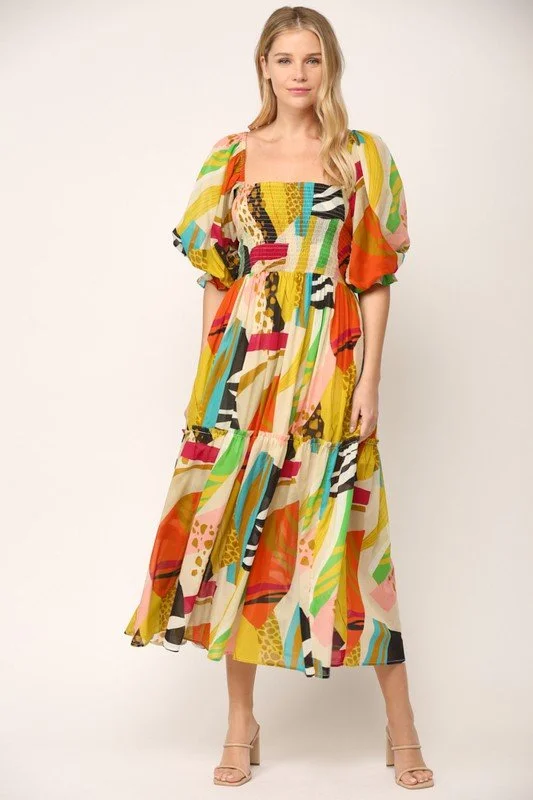 Colorful Abstract Puff Sleeve Maxi Dress Cozy Longline Maxi Dress