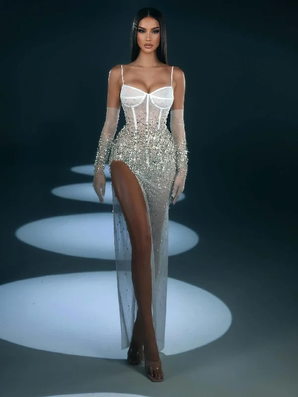 Crystal Bustier Maxi Dress White Cozy Ruffle Sleeve Maxi Dress