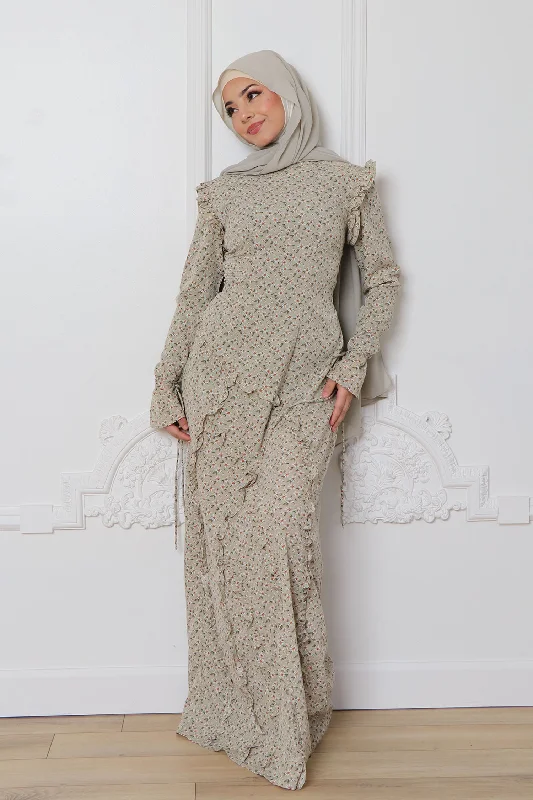 Daisy Floral Ruffle Maxi Dress- Sage Elegant Lace-Up Maxi Dress