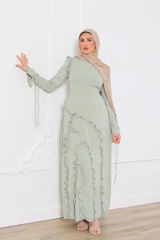 Daisy Ruffle Maxi Dress- Sage Comfortable Fitted Maxi Dress