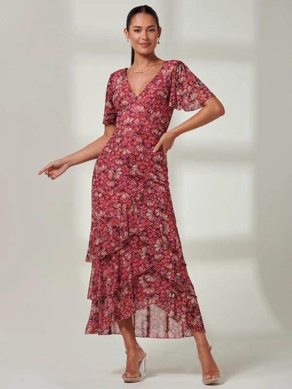 Daleysa Frill Hem Mesh Maxi Dress, Pink Multi Cozy Spaghetti Strap Maxi Dress