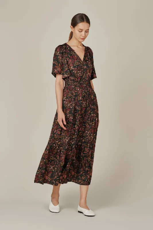 Dark Floral Satin Maxi Dress Trendy Short Sleeve Maxi Dress